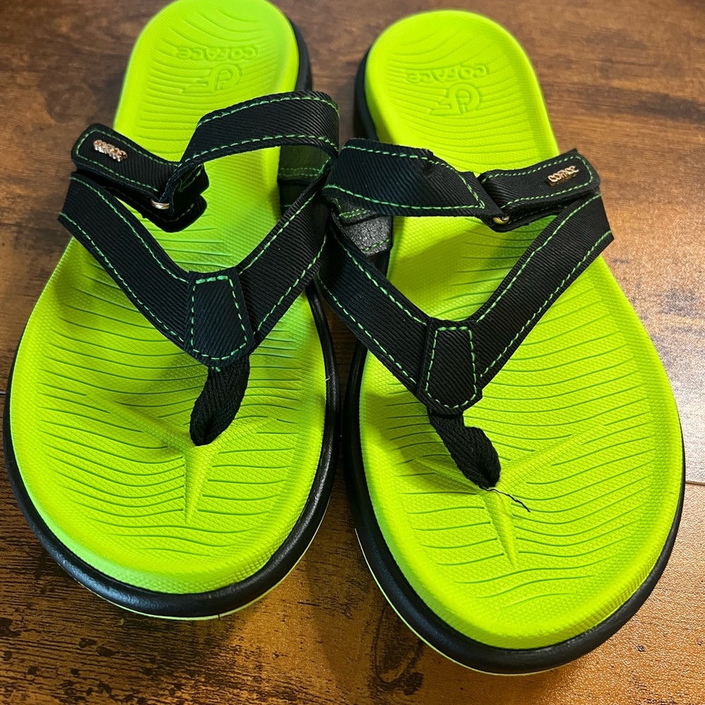 Women's Size 9, COFACE Flip Flops, Black & Green, VGC, Comfort, Orthotic